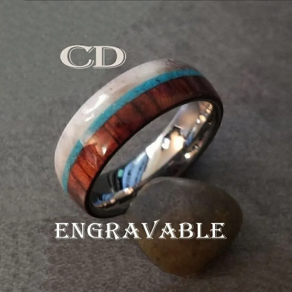 Personalized Engraved Men's Wood Turquoise and Antler Tungsten Wedding Ring band